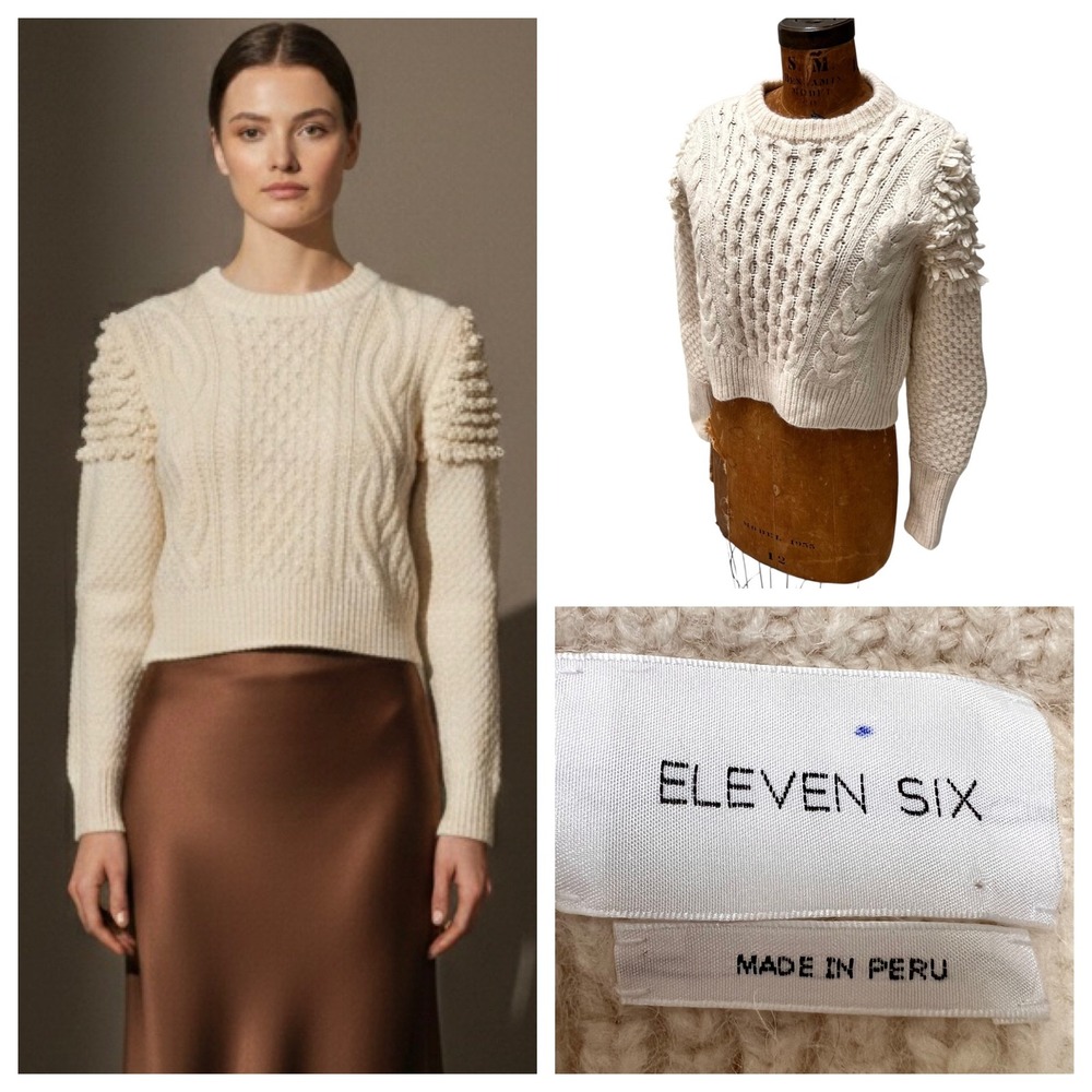 ELEVEN SIX Tan Alpaca Wool Blend Cable Knit Fringe Sweater Women Sz M Fisherman